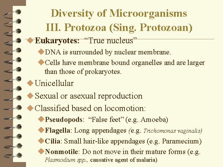 Diversity of Microorganisms III. Protozoa (Sing. Protozoan) u Eukaryotes: “True nucleus” u. DNA is