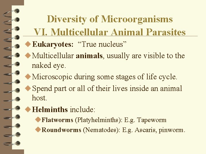 Diversity of Microorganisms VI. Multicellular Animal Parasites u Eukaryotes: “True nucleus” u Multicellular animals,