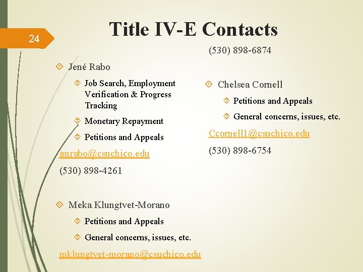 24 Title IV-E Contacts (530) 898 -6874 Jené Rabo Job Search, Employment Verification &