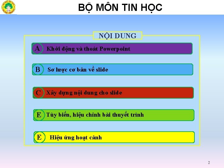 BỘ MÔN TIN HỌC NỘI DUNG A Khởi động và thoát Powerpoint B Sơ