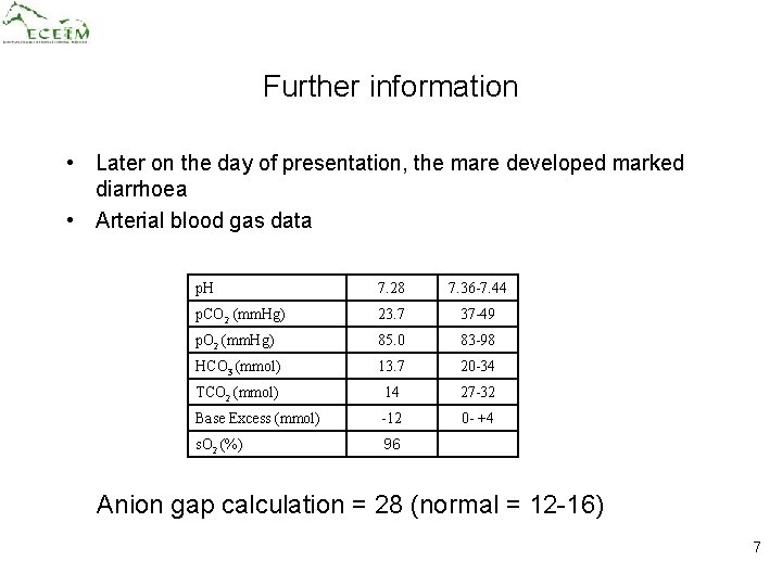 Further information • Later on the day of presentation, the mare developed marked diarrhoea