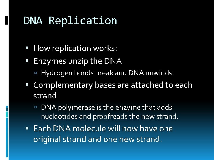 DNA Replication How replication works: Enzymes unzip the DNA. Hydrogen bonds break and DNA