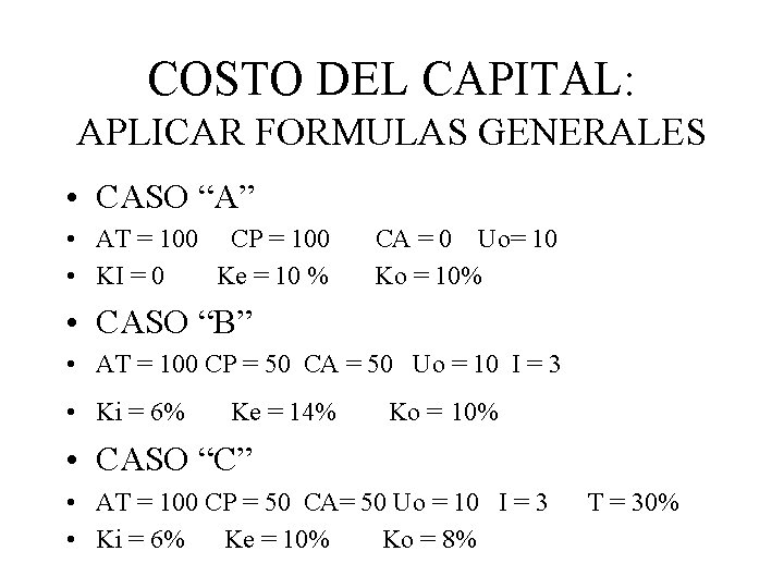 COSTO DEL CAPITAL: APLICAR FORMULAS GENERALES • CASO “A” • AT = 100 CP