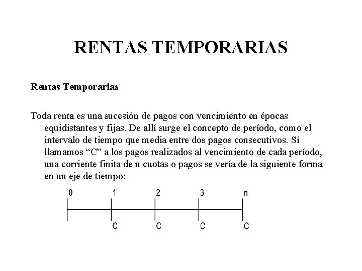 RENTAS TEMPORARIAS Rentas Temporarias Toda renta es una sucesión de pagos con vencimiento en