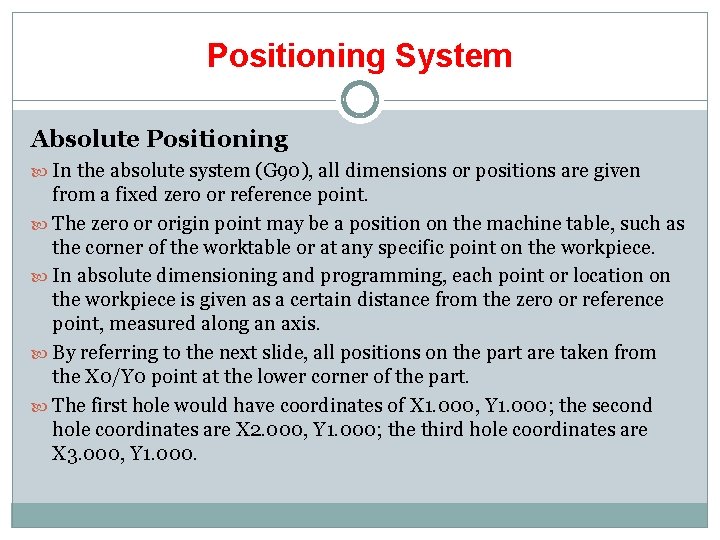 Positioning System Absolute Positioning In the absolute system (G 90), all dimensions or positions