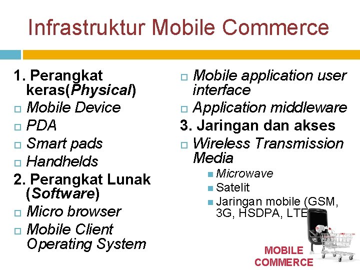 Infrastruktur Mobile Commerce 1. Perangkat keras(Physical) Mobile Device PDA Smart pads Handhelds 2. Perangkat