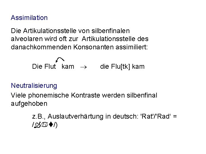 Assimilation Die Artikulationsstelle von silbenfinalen alveolaren wird oft zur Artikulationsstelle des danachkommenden Konsonanten assimiliert: