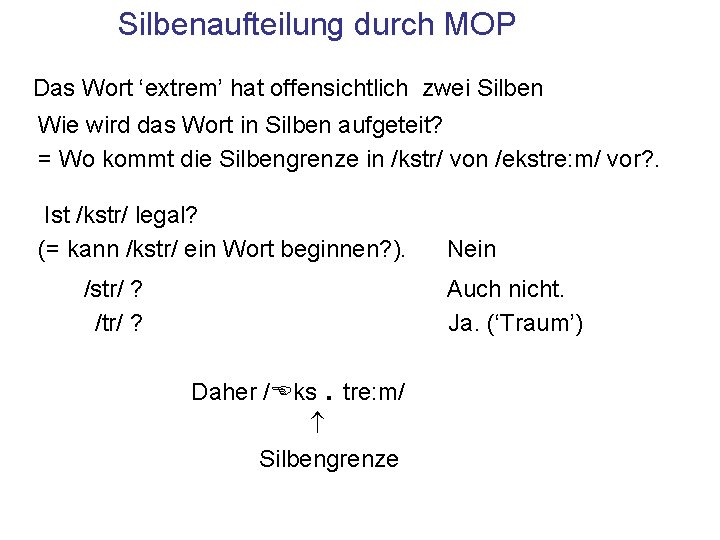 Silbenaufteilung durch MOP Das Wort ‘extrem’ hat offensichtlich zwei Silben Wie wird das Wort