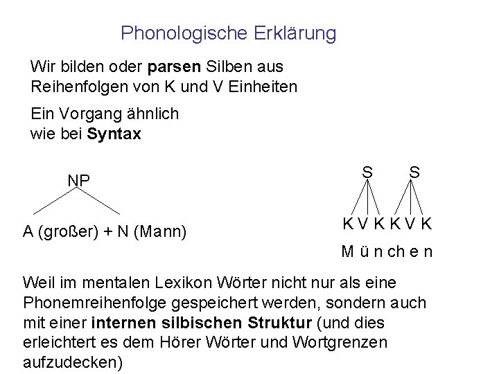 Phonologische Erklärung Wir bilden oder parsen Silben aus Reihenfolgen von K und V Einheiten
