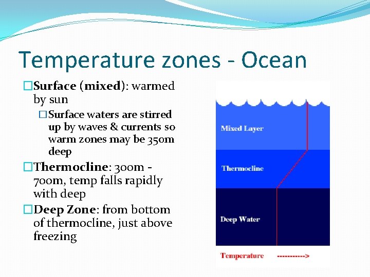 Temperature zones - Ocean �Surface (mixed): warmed by sun �Surface waters are stirred up