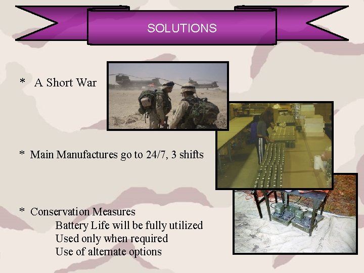 SOLUTIONS * A Short War * Main Manufactures go to 24/7, 3 shifts *