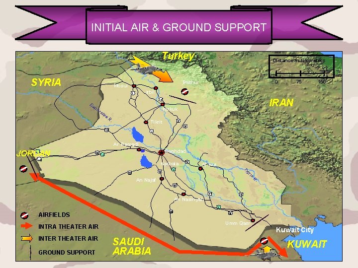 INITIAL AIR & GROUND SUPPORT Turkey SYRIA Distance in kilometers 0 Bashur Mosul IRAN
