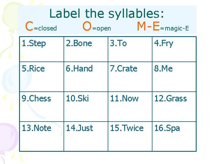 Label the syllables: C=closed O=open M-E=magic-E 1. Step 2. Bone 3. To 4. Fry