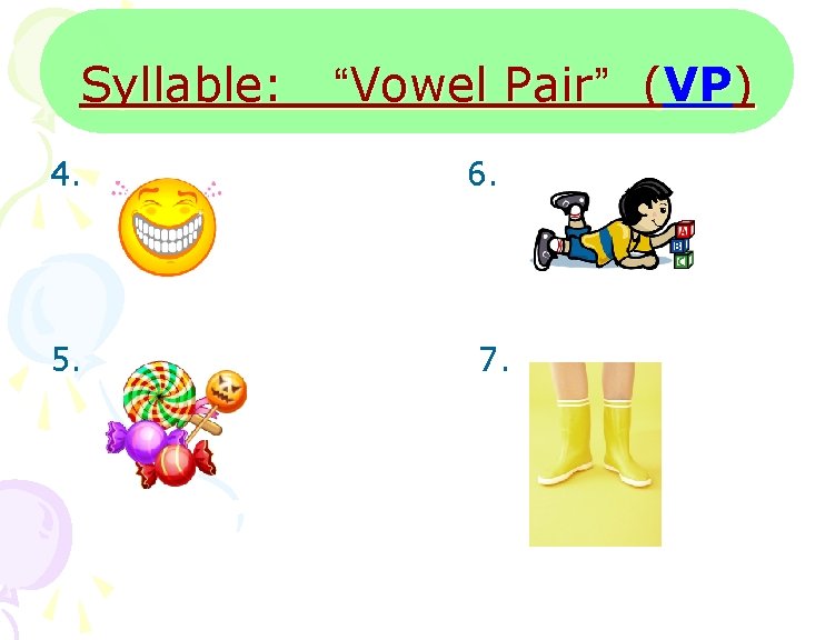 Syllable: 4. 5. “Vowel Pair” (VP) 6. 7. 