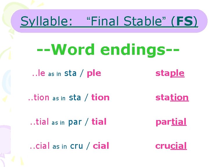 Syllable: “Final Stable” (FS) --Word endings-. . le as in sta / ple staple