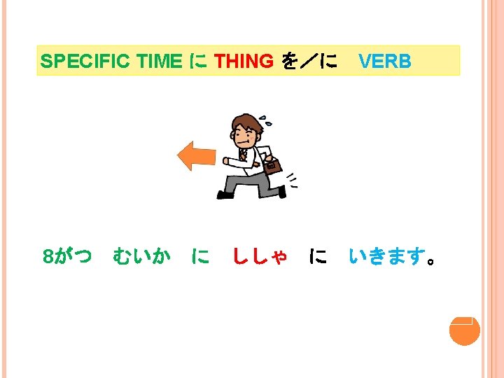 SPECIFIC TIME に THING を／に 8がつ むいか に ししゃ に VERB いきます。 I will