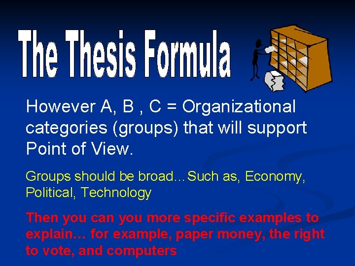 However A, B , C = Organizational categories (groups) that will support Point of