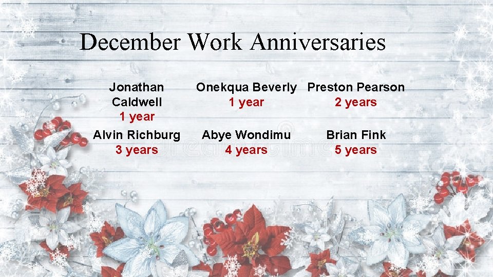 December Work Anniversaries Jonathan Caldwell 1 year Alvin Richburg 3 years Onekqua Beverly Preston