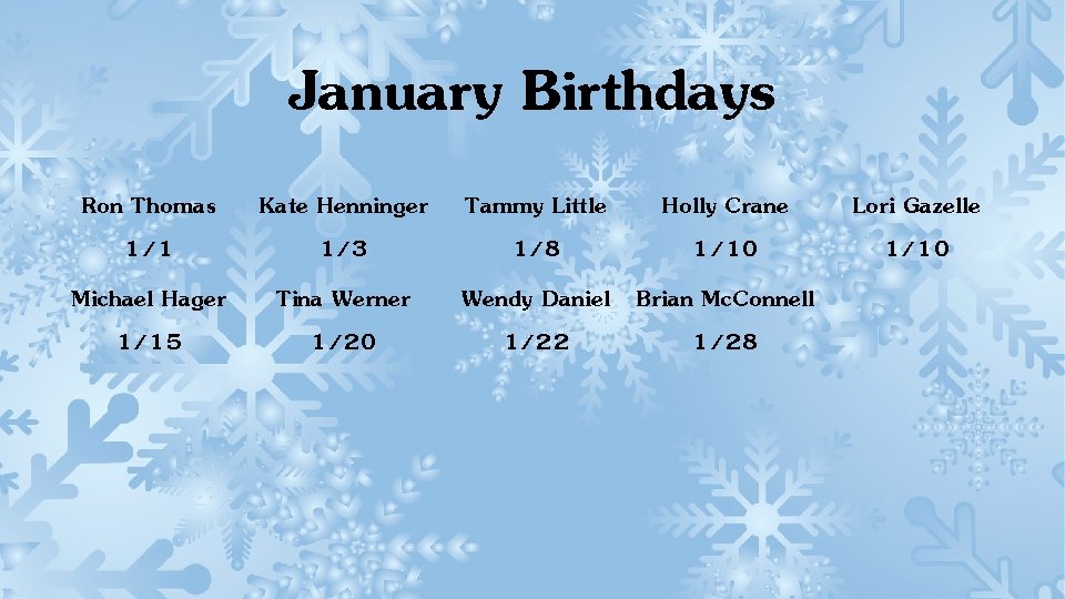 January Birthdays Ron Thomas Kate Henninger Tammy Little Holly Crane 1/1 1/3 1/8 1/10