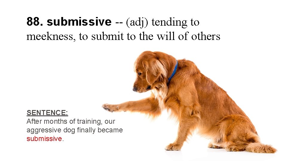 88. submissive -- (adj) tending to meekness, to submit to the will of others