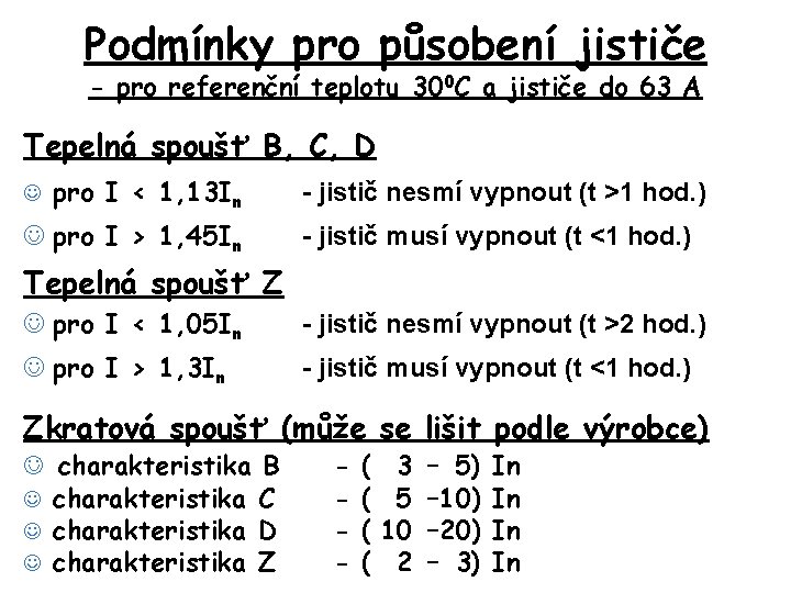 Podmínky pro působení jističe - pro referenční teplotu 300 C a jističe do 63