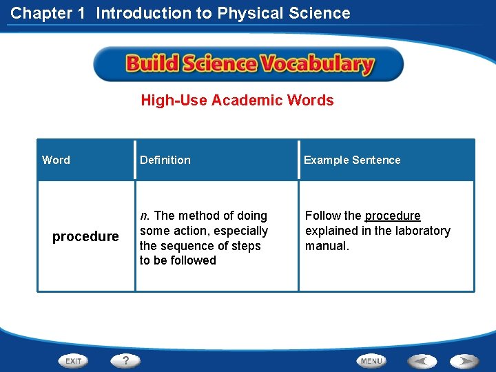 Chapter 1 Introduction to Physical Science High-Use Academic Words Word procedure Definition Example Sentence