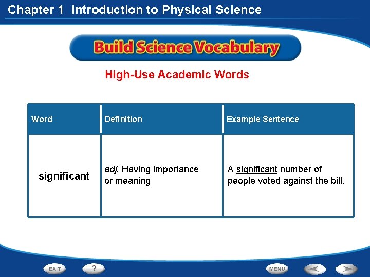 Chapter 1 Introduction to Physical Science High-Use Academic Words Word significant Definition Example Sentence