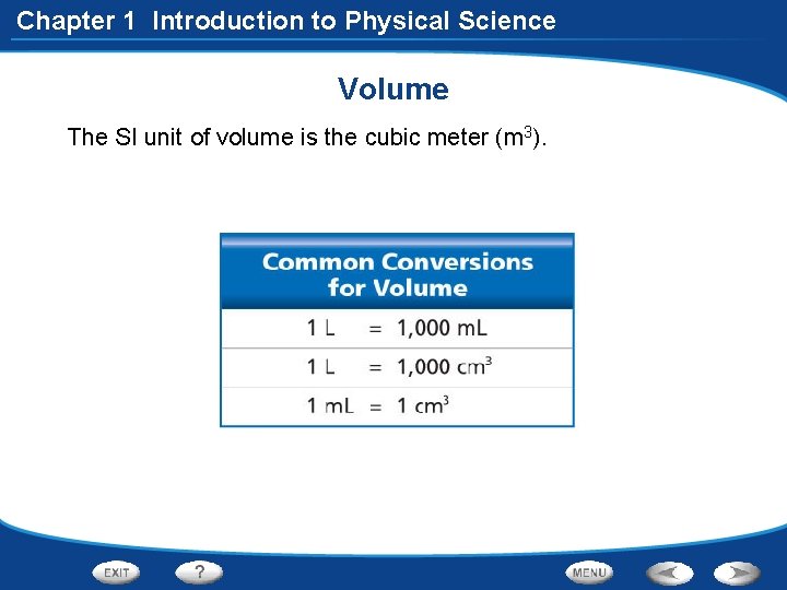 Chapter 1 Introduction to Physical Science Volume The SI unit of volume is the