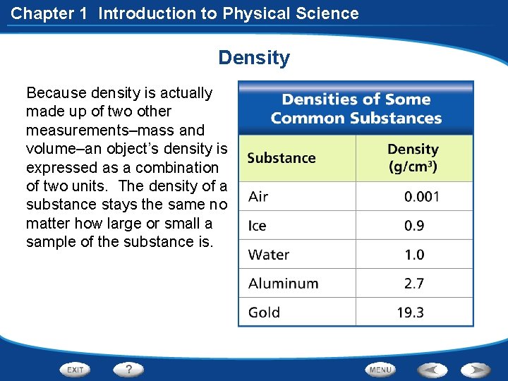 Chapter 1 Introduction to Physical Science Density Because density is actually made up of