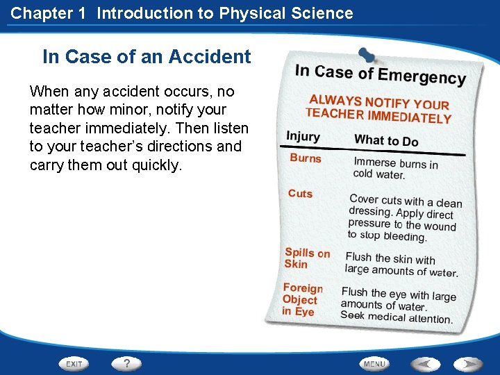 Chapter 1 Introduction to Physical Science In Case of an Accident When any accident