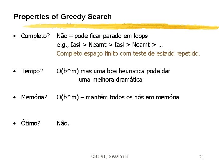 Properties of Greedy Search • Completo? Não – pode ficar parado em loops e.