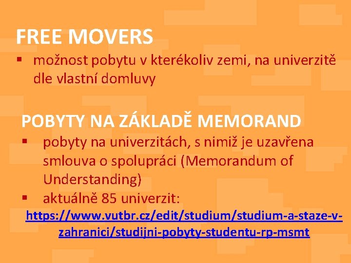 FREE MOVERS § možnost pobytu v kterékoliv zemi, na univerzitě dle vlastní domluvy POBYTY