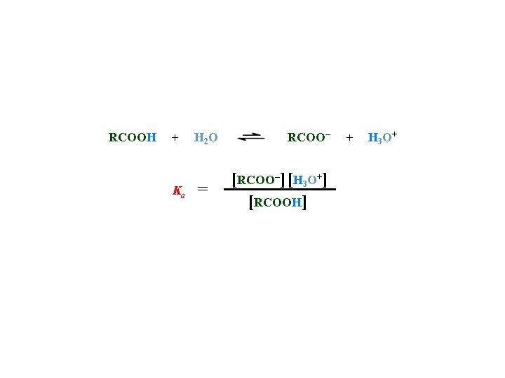 RCOOH + Ka H 2 O = RCOO– [RCOO–] [H 3 O+] [RCOOH] +
