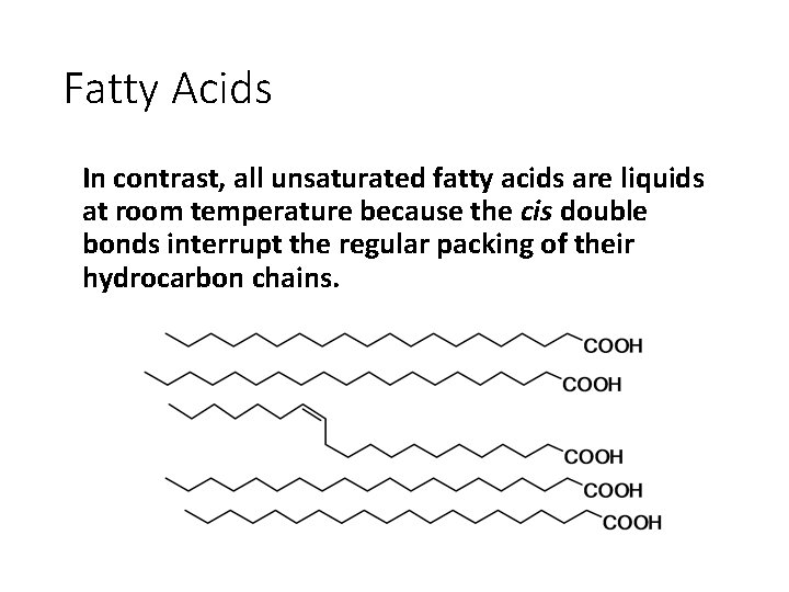 Fatty Acids In contrast, all unsaturated fatty acids are liquids at room temperature because