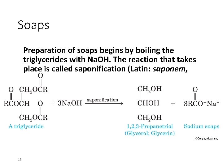 Soaps Preparation of soaps begins by boiling the triglycerides with Na. OH. The reaction