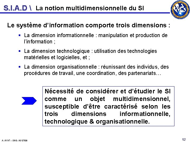 S. I. A. D  La notion multidimensionnelle du SI Le système d’information comporte