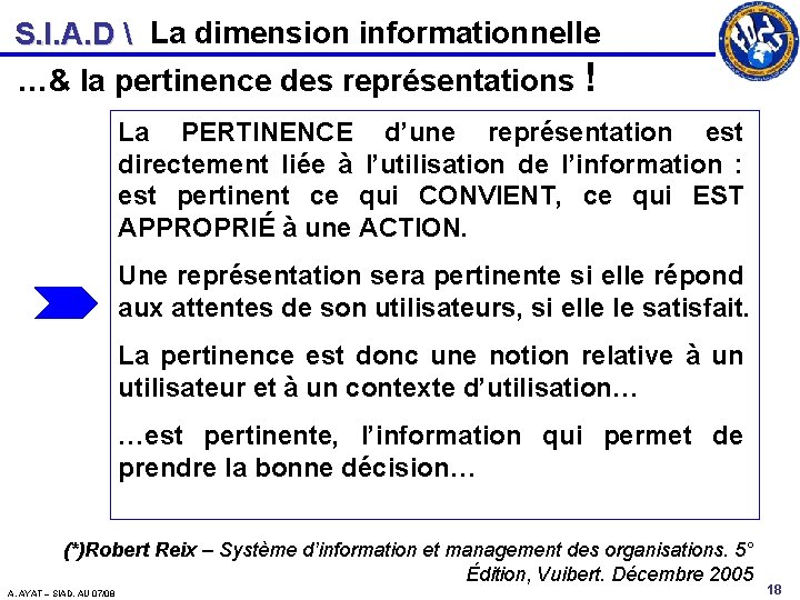 S. I. A. D  La dimension informationnelle …& la pertinence des représentations !