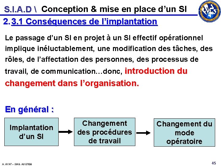 S. I. A. D  Conception & mise en place d’un SI 2. 3.