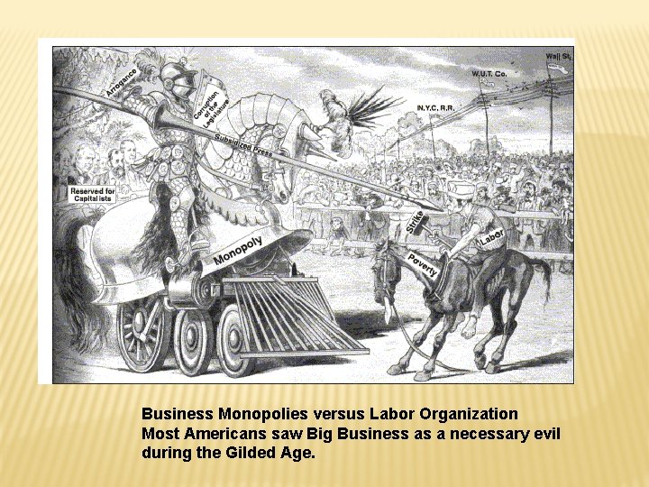 Business Monopolies versus Labor Organization Most Americans saw Big Business as a necessary evil