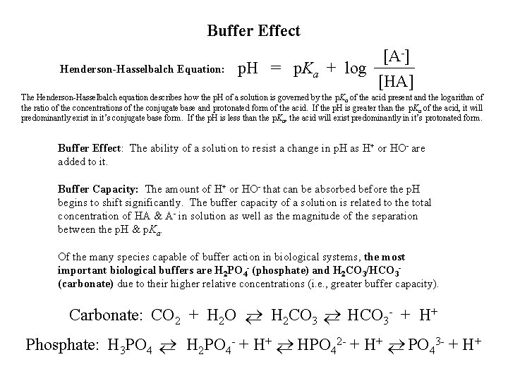 Buffer Effect Henderson-Hasselbalch Equation: p. H = p. Ka + log [A-] [HA] The