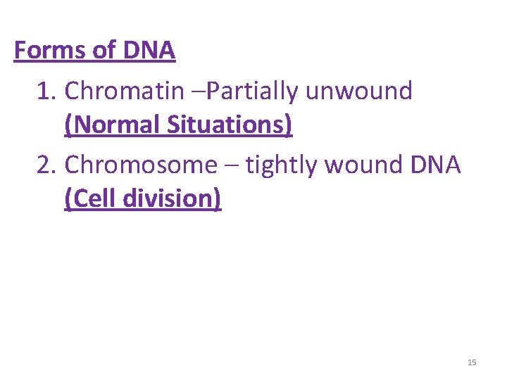 Forms of DNA 1. Chromatin –Partially unwound (Normal Situations) 2. Chromosome – tightly wound