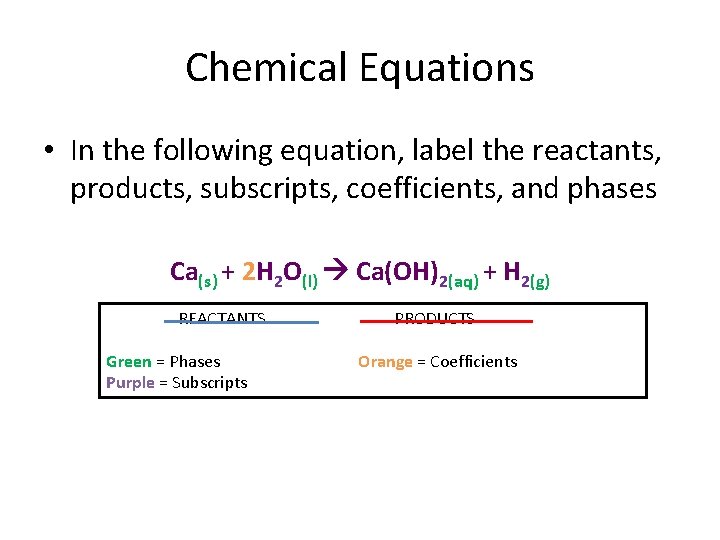 Chemical Equations • In the following equation, label the reactants, products, subscripts, coefficients, and Chemical Equations • In the following equation, label the reactants, products, subscripts, coefficients, and