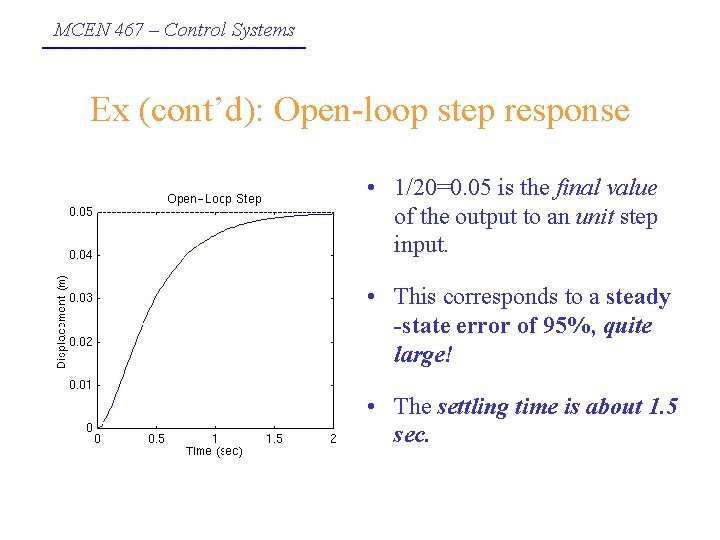MCEN 467 – Control Systems Ex (cont’d): Open-loop step response • 1/20=0. 05 is