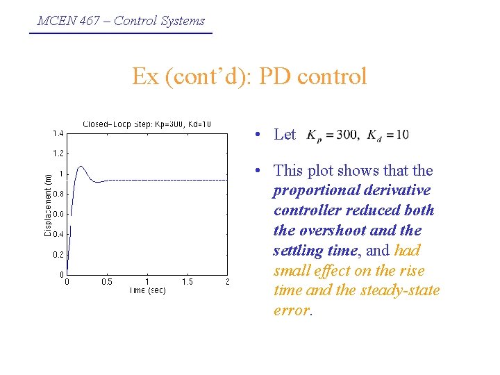 MCEN 467 – Control Systems Ex (cont’d): PD control • Let • This plot