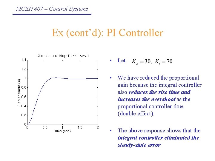 MCEN 467 – Control Systems Ex (cont’d): PI Controller • Let • We have