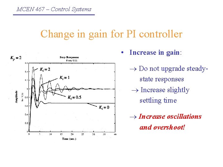 MCEN 467 – Control Systems Change in gain for PI controller • Increase in