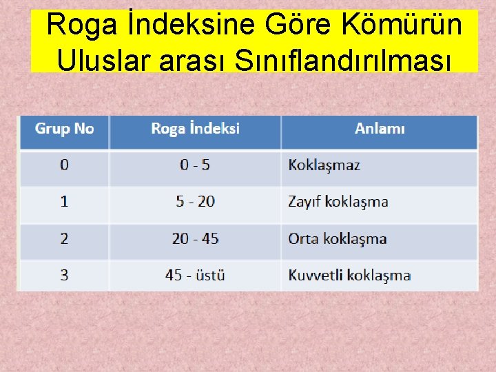 Roga İndeksine Göre Kömürün Uluslar arası Sınıflandırılması 