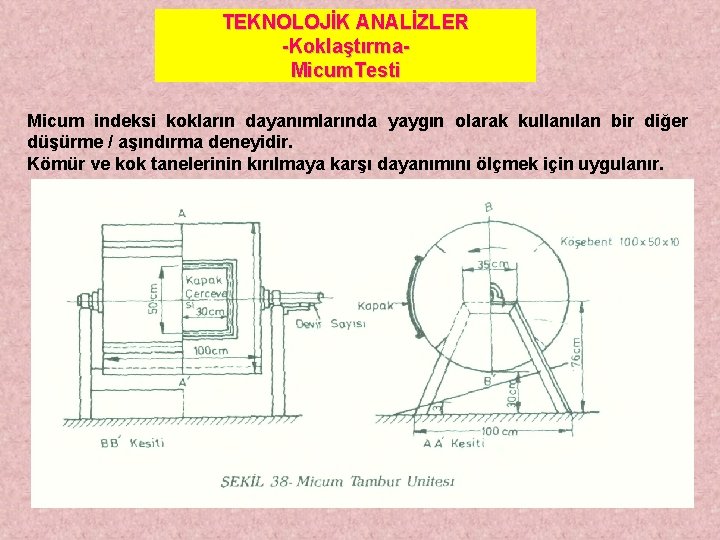 TEKNOLOJİK ANALİZLER -Koklaştırma. Micum. Testi Micum indeksi kokların dayanımlarında yaygın olarak kullanılan bir diğer