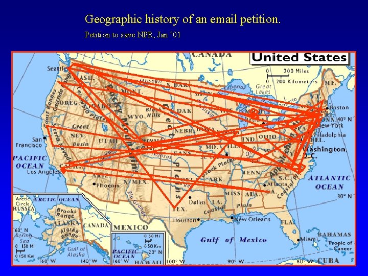 Geographic history of an email petition. Petition to save NPR, Jan ‘ 01 