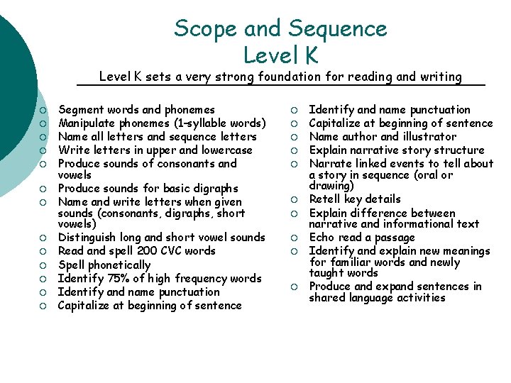 Scope and Sequence Level K sets a very strong foundation for reading and writing